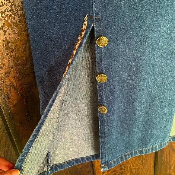 VTG 80s Denim & Leopard Print Maxi Skirt Double Slits Rockabilly Punk Sz Small - Picture 3 of 8